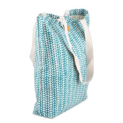 Alternate image for Teal Cotton Tote Bag with Hand-Blocked Printed Triangles Triangle Harmony
