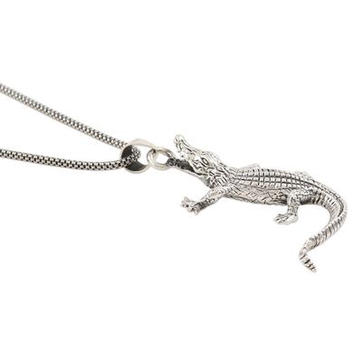 Alternate image for Hand Crafted Sterling Silver Crocodile Pendant Necklace Crawling Crocodile