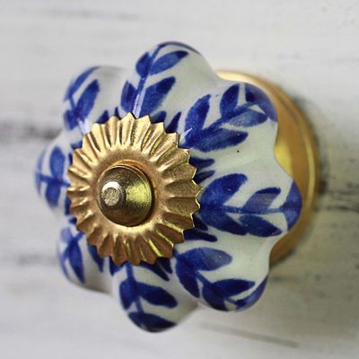 Alternate image for Ceramic Cabinet Knobs Floral White Blue Set of 6 India Blue Sunshine