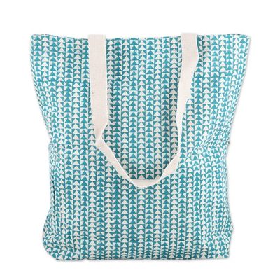 Alternate image for Teal Cotton Tote Bag with Hand-Blocked Printed Triangles Triangle Harmony