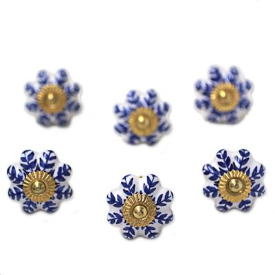 Alternate image for Ceramic Cabinet Knobs Floral White Blue Set of 6 India Blue Sunshine