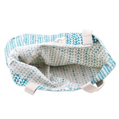 Alternate image for Teal Cotton Tote Bag with Hand-Blocked Printed Triangles Triangle Harmony