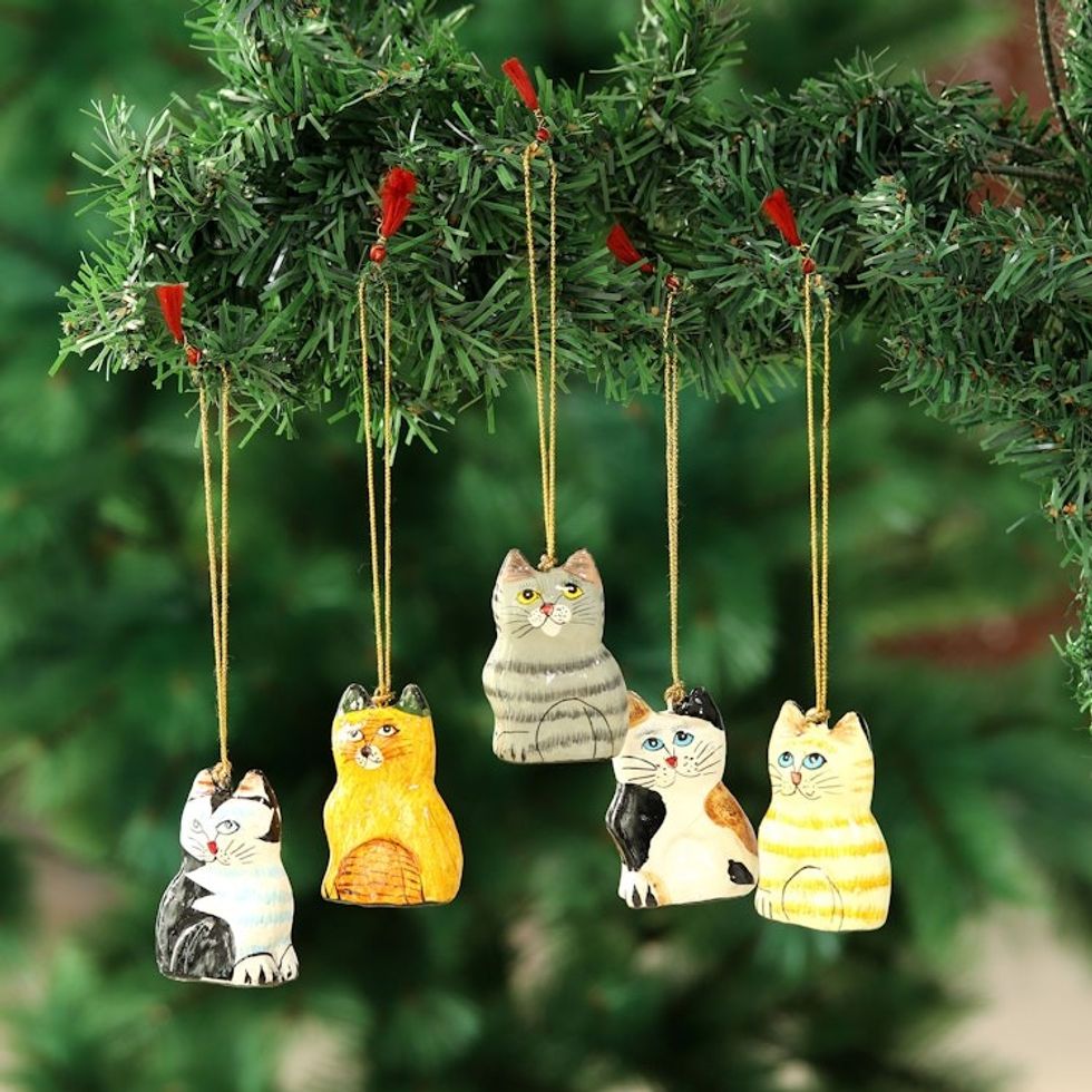Set of 5 Handcrafted Papier Mache Cat Theme Ornaments 'Cute Kitty Cats'