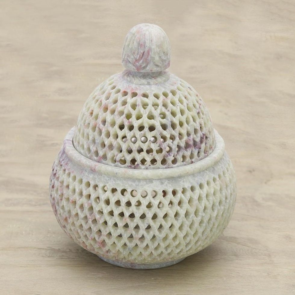 Handcrafted Jali Soapstone Beige Jar and Bottle Large 'Lattice Lace'