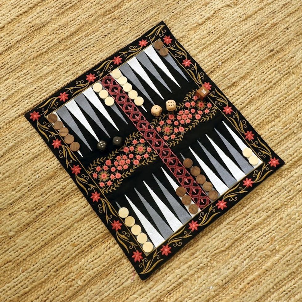 Canvas Travel Backgammon Set 'Ganga Garden in Pink'