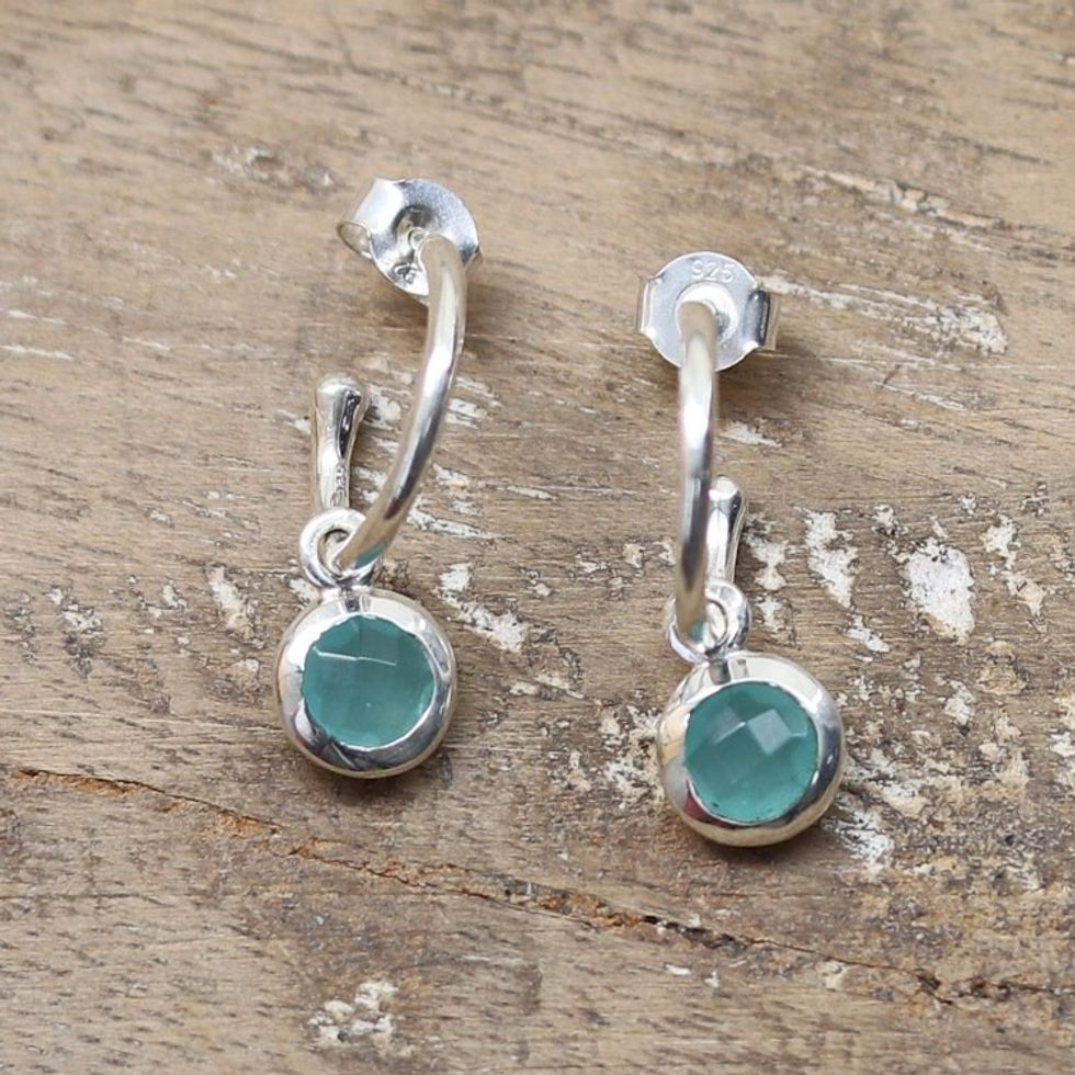 Sterling Silver Half-Hoop Earrings with Chalcedony Stones 'Glam Green'