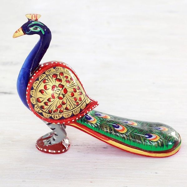 Alternate image for Hand Carved Multicolored Peacock Figurine from India Posturing Peacock