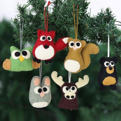 Alternate image for Handcrafted Wool Ornaments set of 6 Woodland Friends