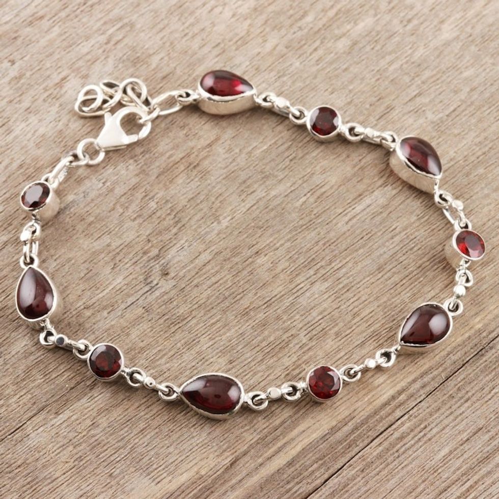 Garnet and Sterling Silver Link Bracelet 'Crimson Simplicity'