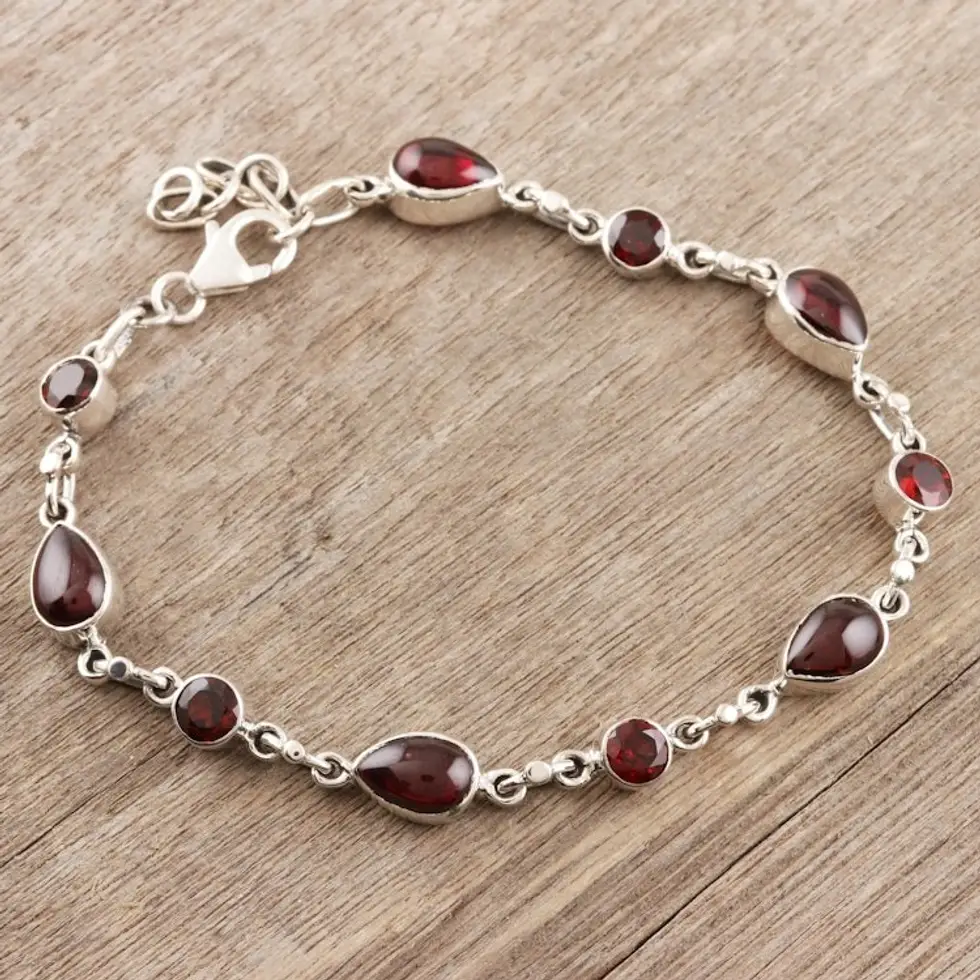 Garnet and Sterling Silver Link Bracelet 'Crimson Simplicity'