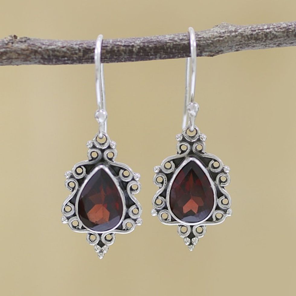 Sterling Silver and Garnet Dangle Earrings from India 'Red Intricacy'