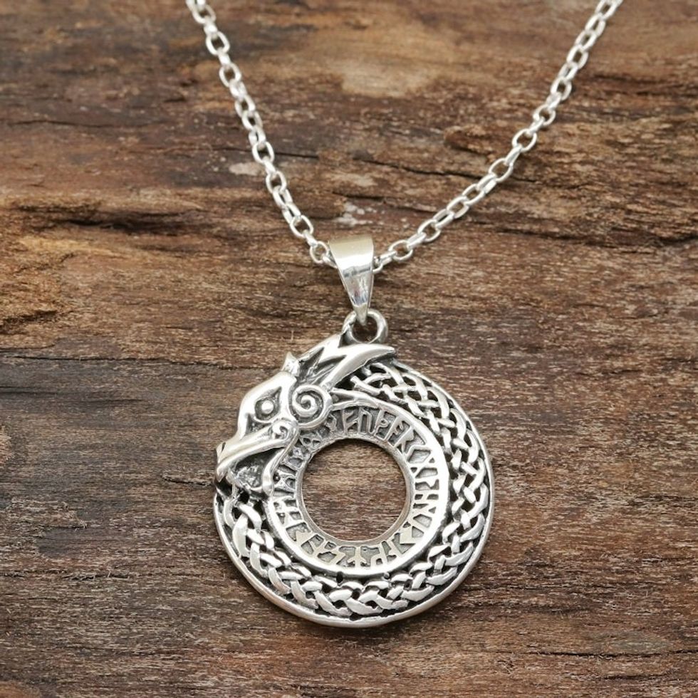 Circular Sterling Silver Dragon Necklace from India 'Dragon Ouroboros'