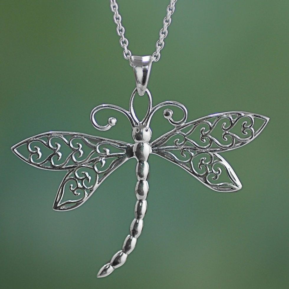 Sterling Silver Dragonfly Pendant Necklace from India 'Dazzling Dragonfly'