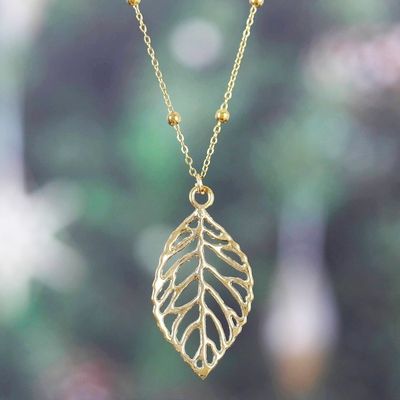 Alternate image for Brass Leaf Pendant Necklace with Jali Openwork Accents Shining Leaf