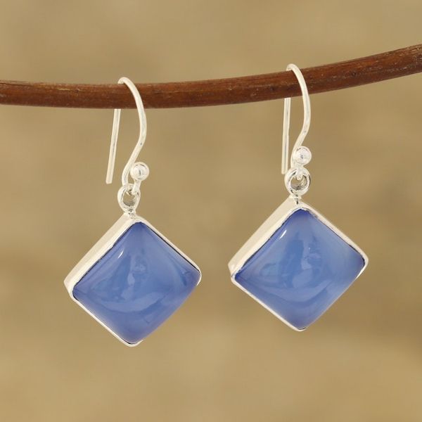 Alternate image for Square Blue Chalcedony Dangle Earrings Crafted in India Sky Squares
