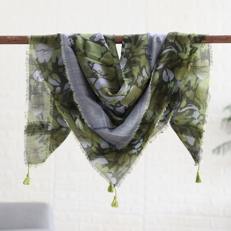 Floral Patched Wool Scarf with Tassels Woven in India 'Olive Bliss'