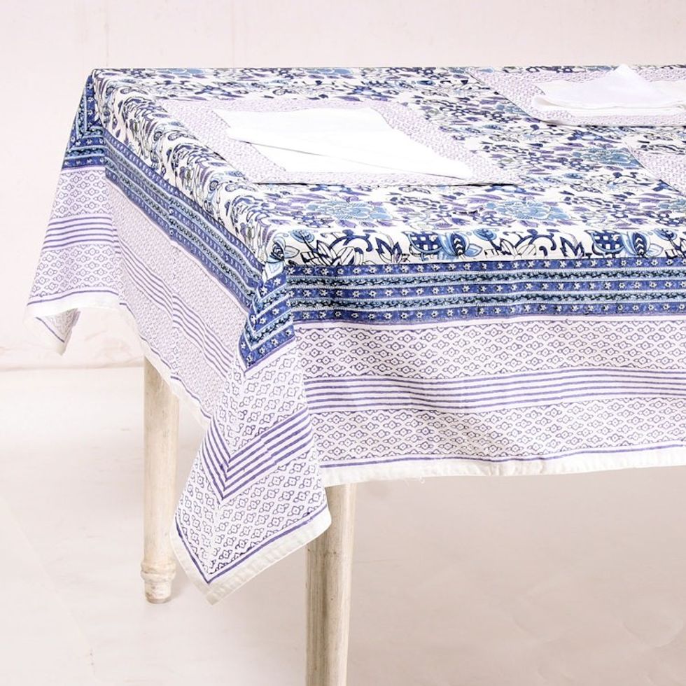 Floral Cotton Table Linen Set in Blue from India Set for 6 'Royal Garden'