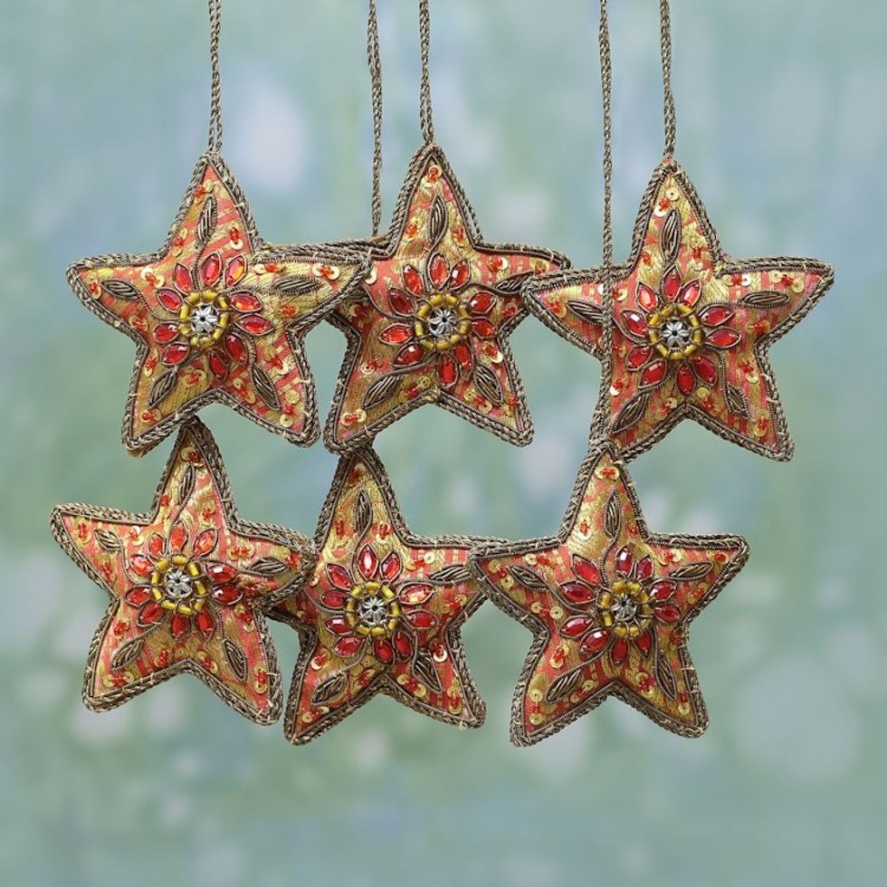 Set of Six Beaded Star Ornaments from India 'Brilliant Stars'