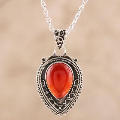 Alternate image for Red-Orange Carnelian Teardrop Pendant Necklace from India Red-Orange Drop