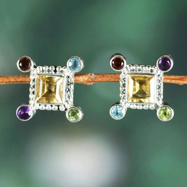 Alternate image for Three-Carat Multi-Gemstone Sterling Silver Button Earrings Color Dimensions
