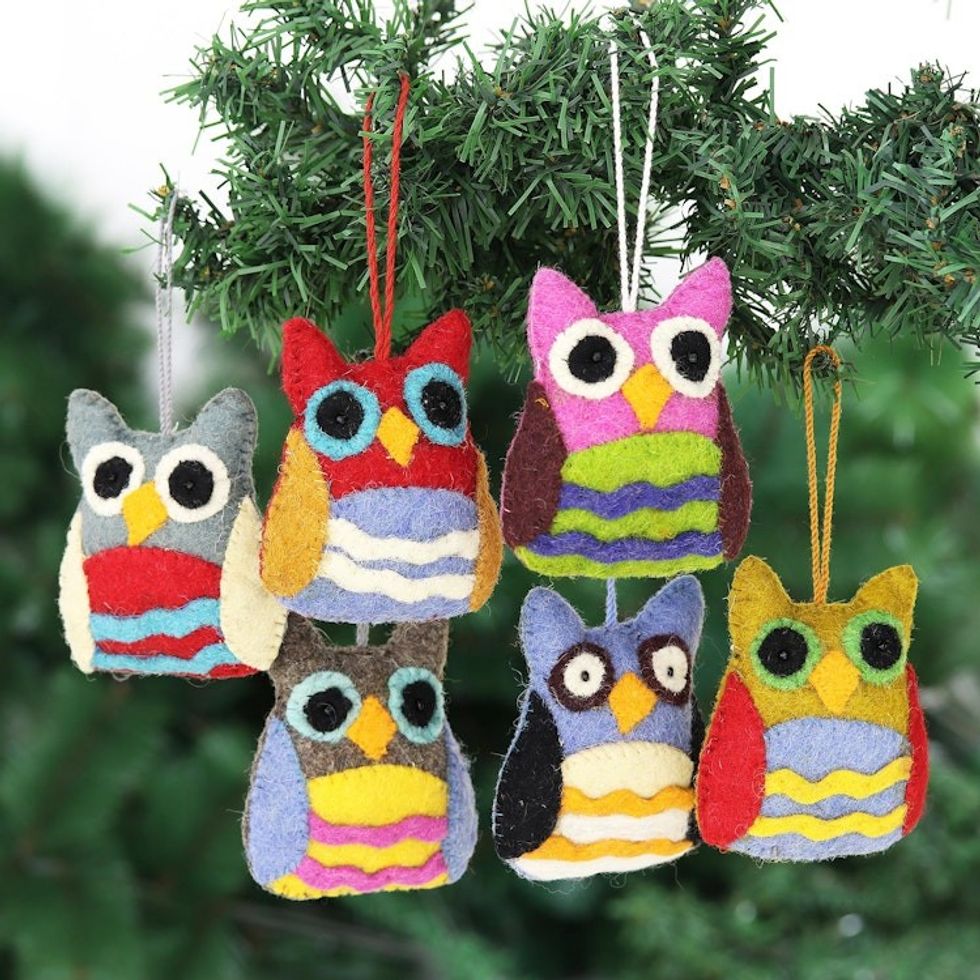 Multicolored Felt Owl Ornaments Set of 6 'Magical Owls'