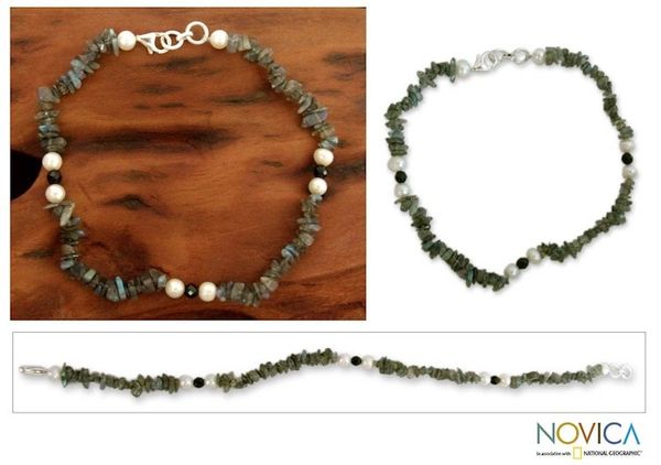 Alternate image for Labradorite and pearl beaded anklet Mumbai Fantasy