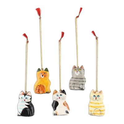 Alternate image for Set of 5 Handcrafted Papier Mache Cat Theme Ornaments Cute Kitty Cats