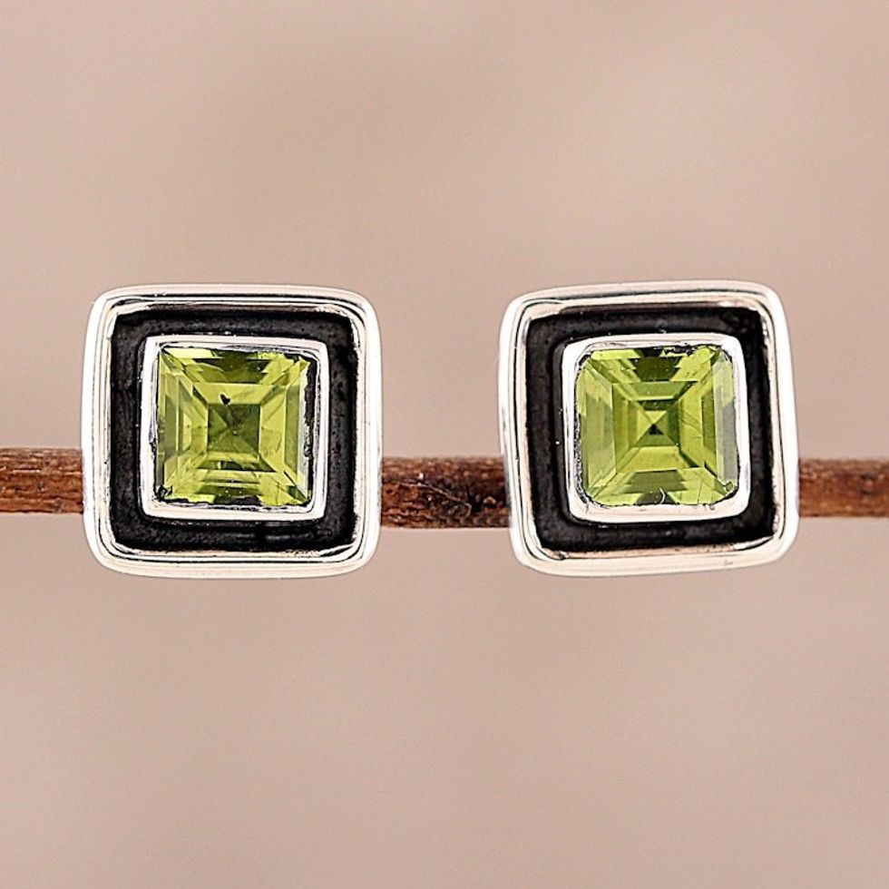 Square Peridot Stud Earrings from India 'Verdant Frame'
