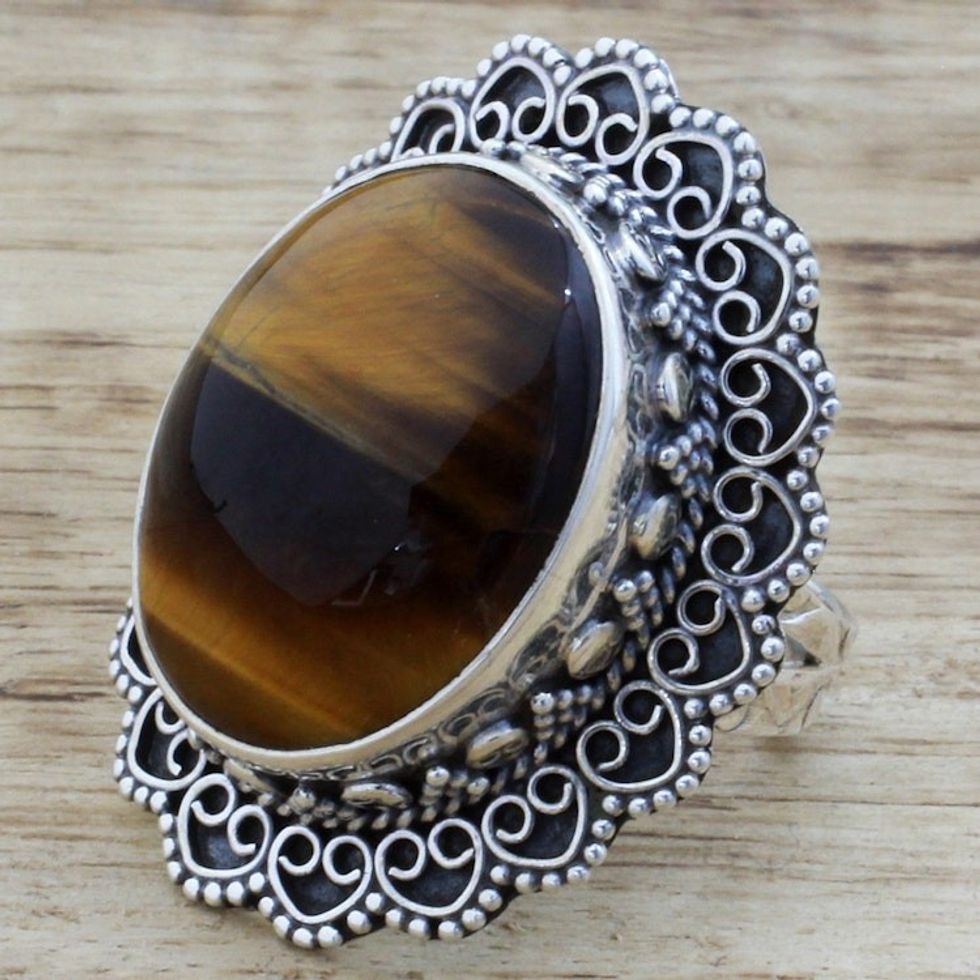 Hand Made Sterling Silver Tiger's Eye Cocktail Ring India 'Halo of Petals'