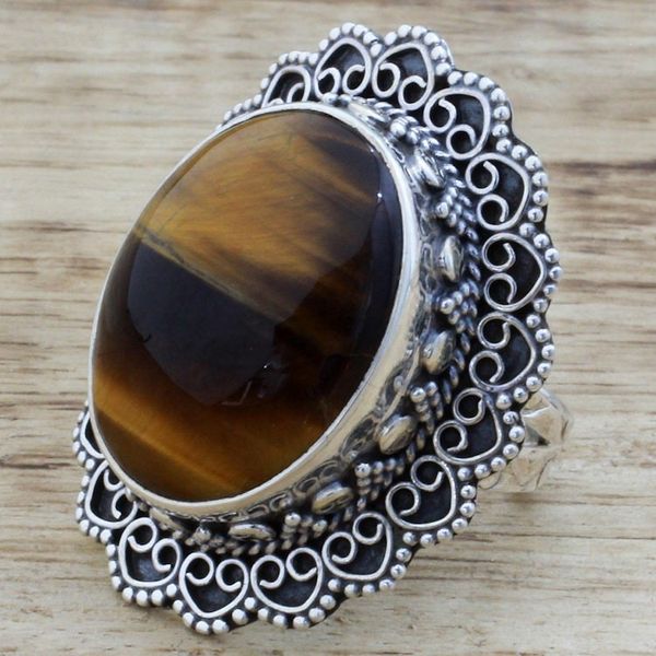 Alternate image for Hand Made Sterling Silver Tigers Eye Cocktail Ring India Halo of Petals