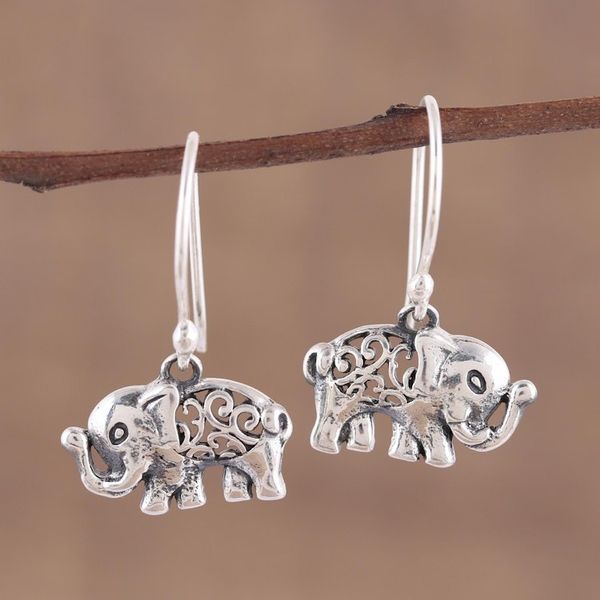 Alternate image for Jali Motif Sterling Silver Elephant Dangle Earrings Elephant Appeal