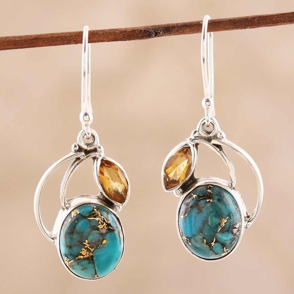 Composite Turquoise and Citrine Silver Dangle Earrings 'Modern Mystique'