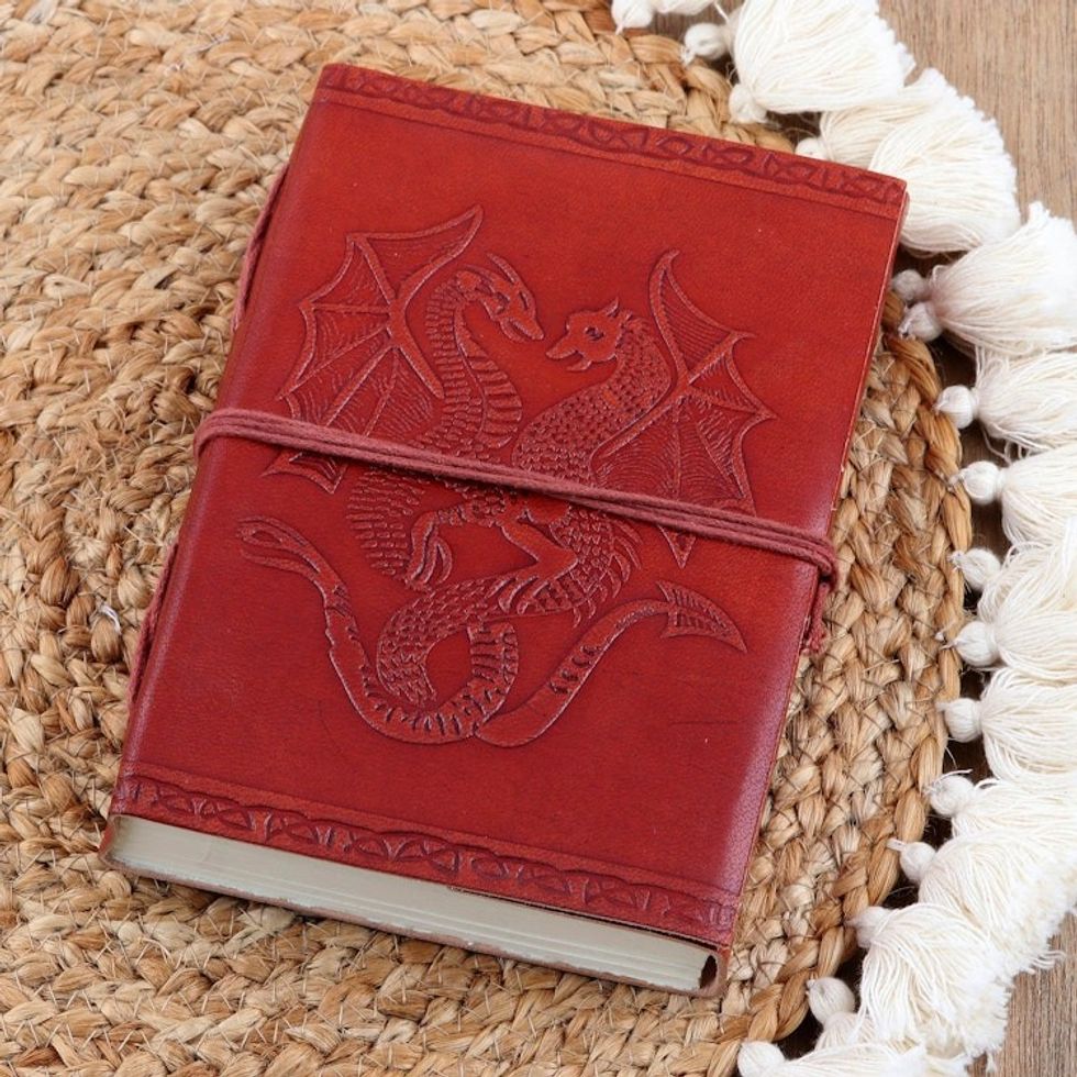 Embossed Cotton and Leather Dragon-Motif Journal 'Twin Dragons'