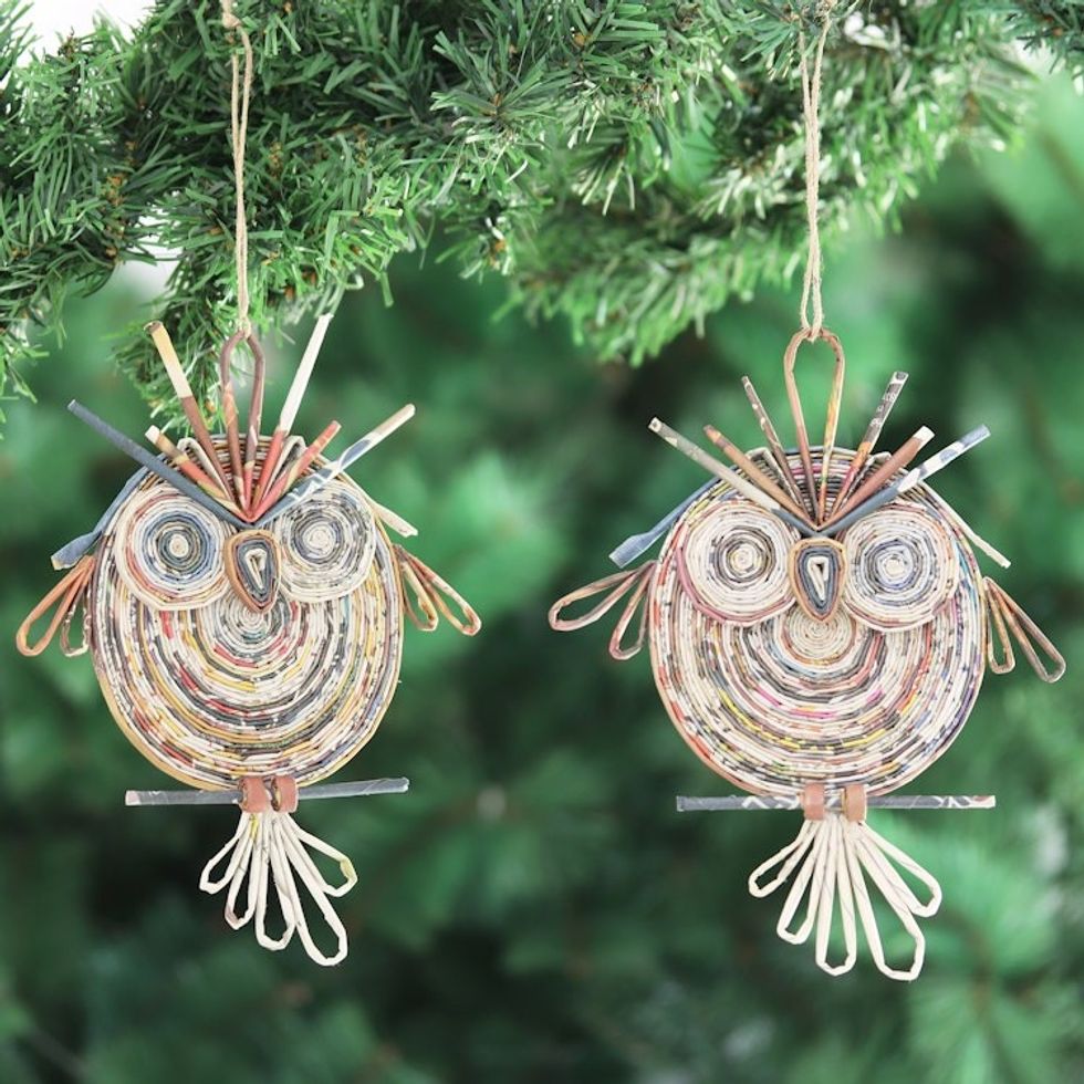 Handcrafted Recycled Paper Owl Ornaments from India Pair 'Wise Guardians'