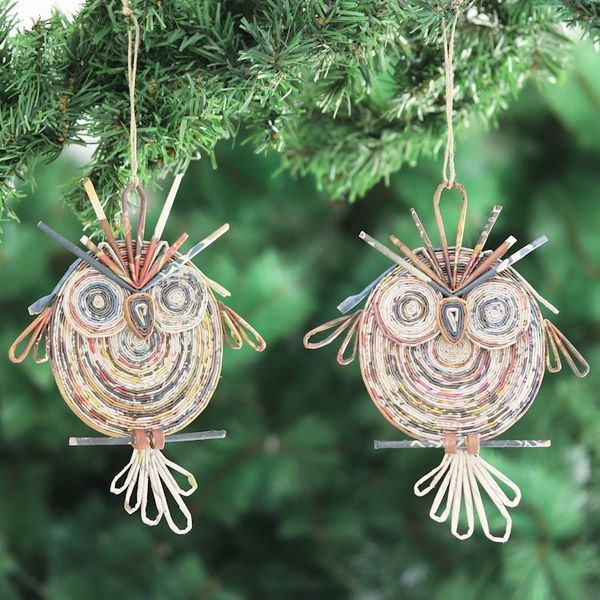 Alternate image for Handcrafted Recycled Paper Owl Ornaments from India Pair Wise Guardians
