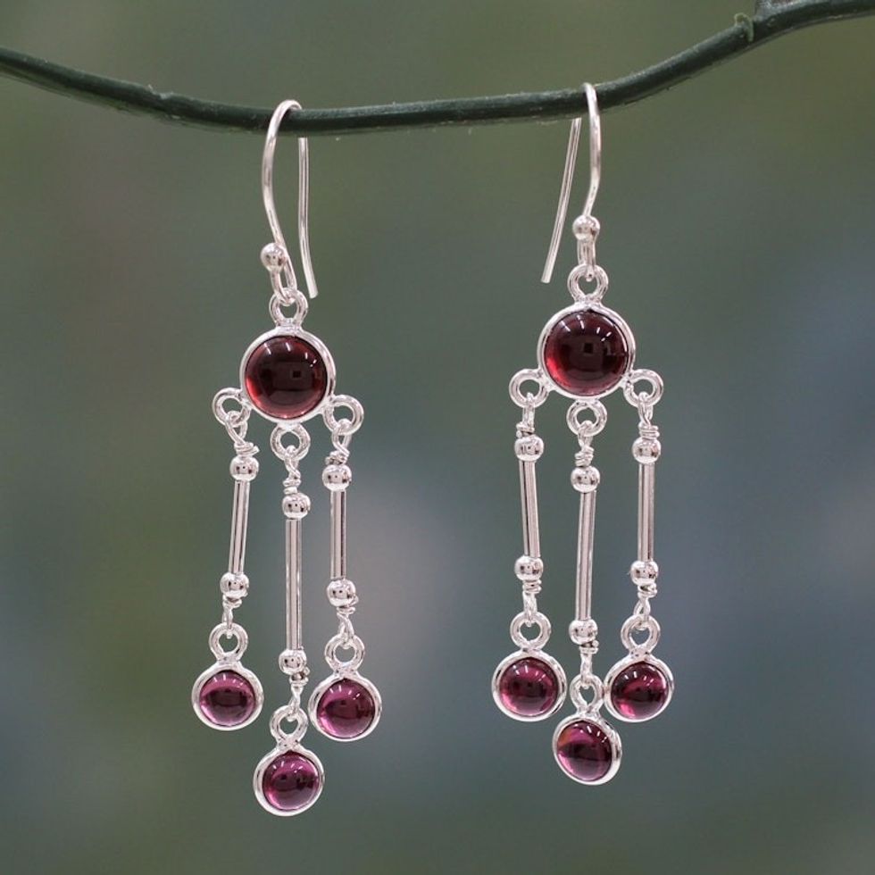 India Handmade Garnet Chandelier Earrings in Sterling Silver 'Dreamer'