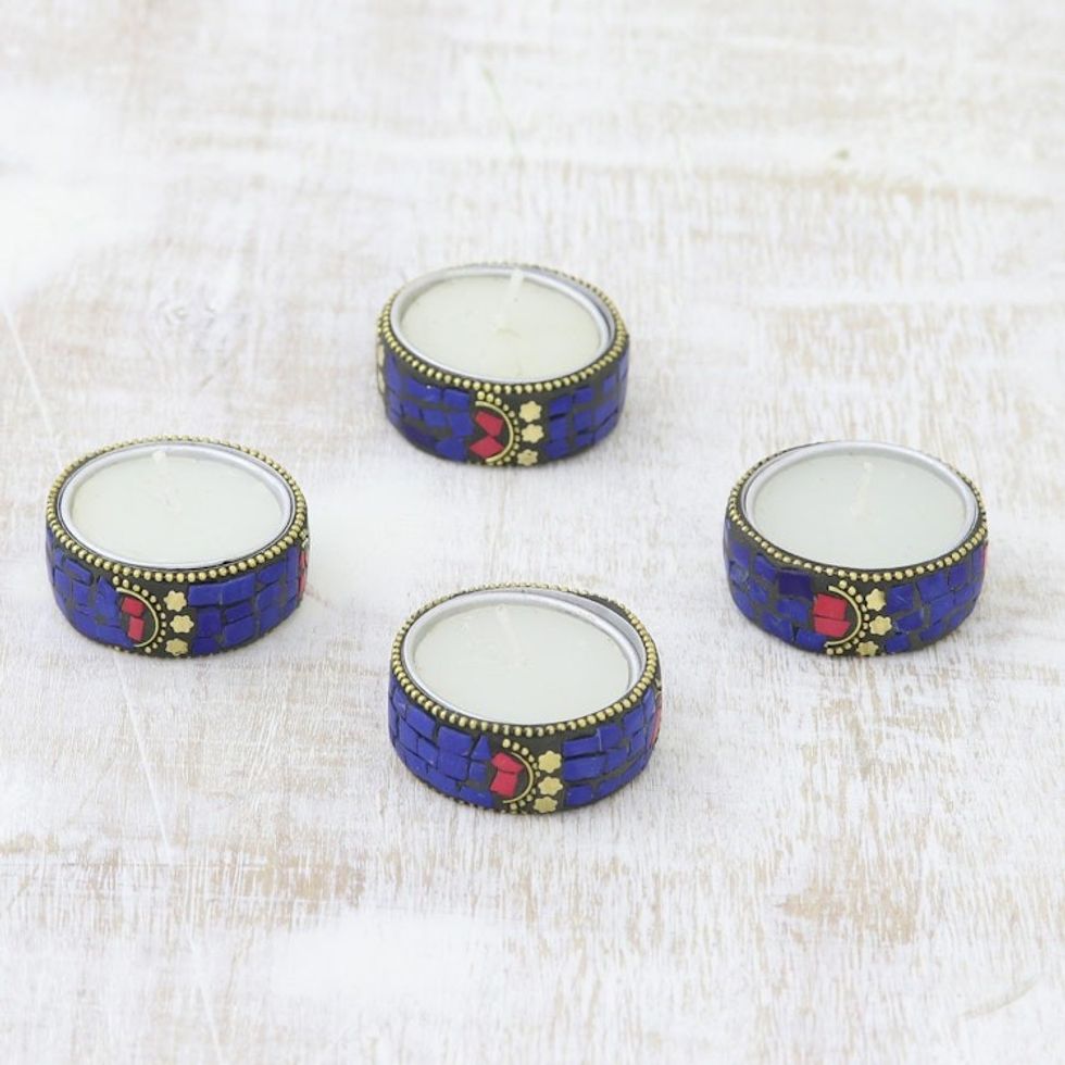 Set of Four Resin Coated Tea Lights with Brass Beads 'Shimmering Stars'