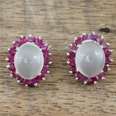 Alternate image for Genuine Ruby and Moonstone Button Earrings in 925 Silver Love and Devotion