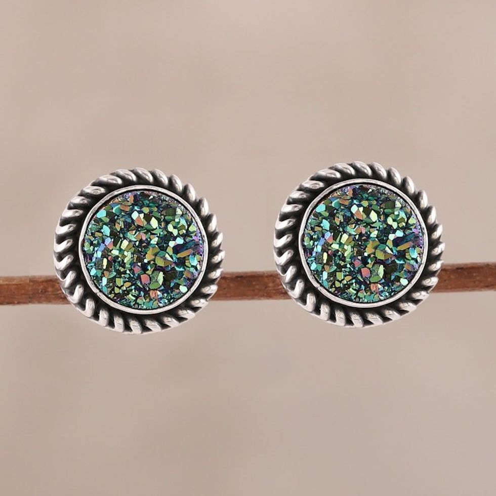 Green Drusy Quartz Stud Earrings from India 'Round Green'