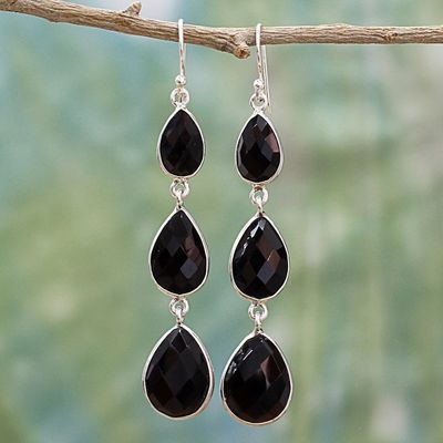 Alternate image for Triple Onyx Stone Dangle Earrings with Sterling Silver Magical Elegance