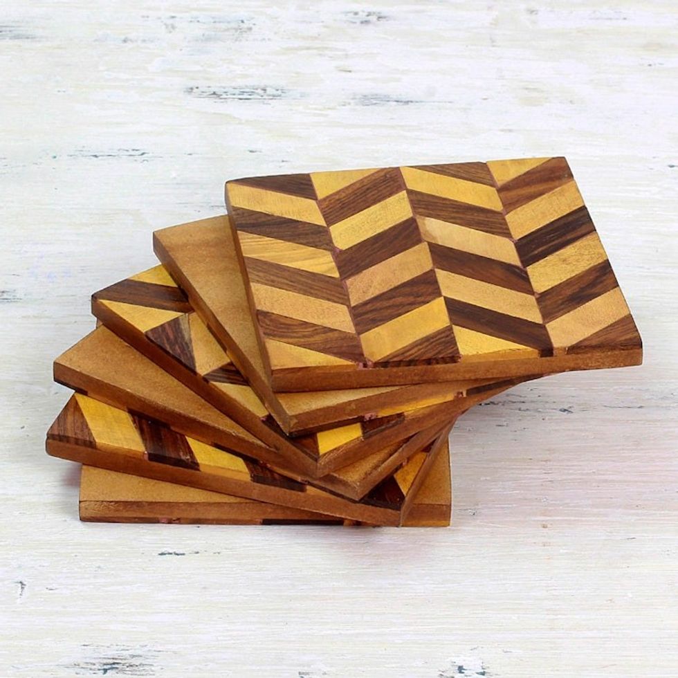 Diagonal Motif Mango Wood Coasters from India Set of 6 'Diagonal Elegance'