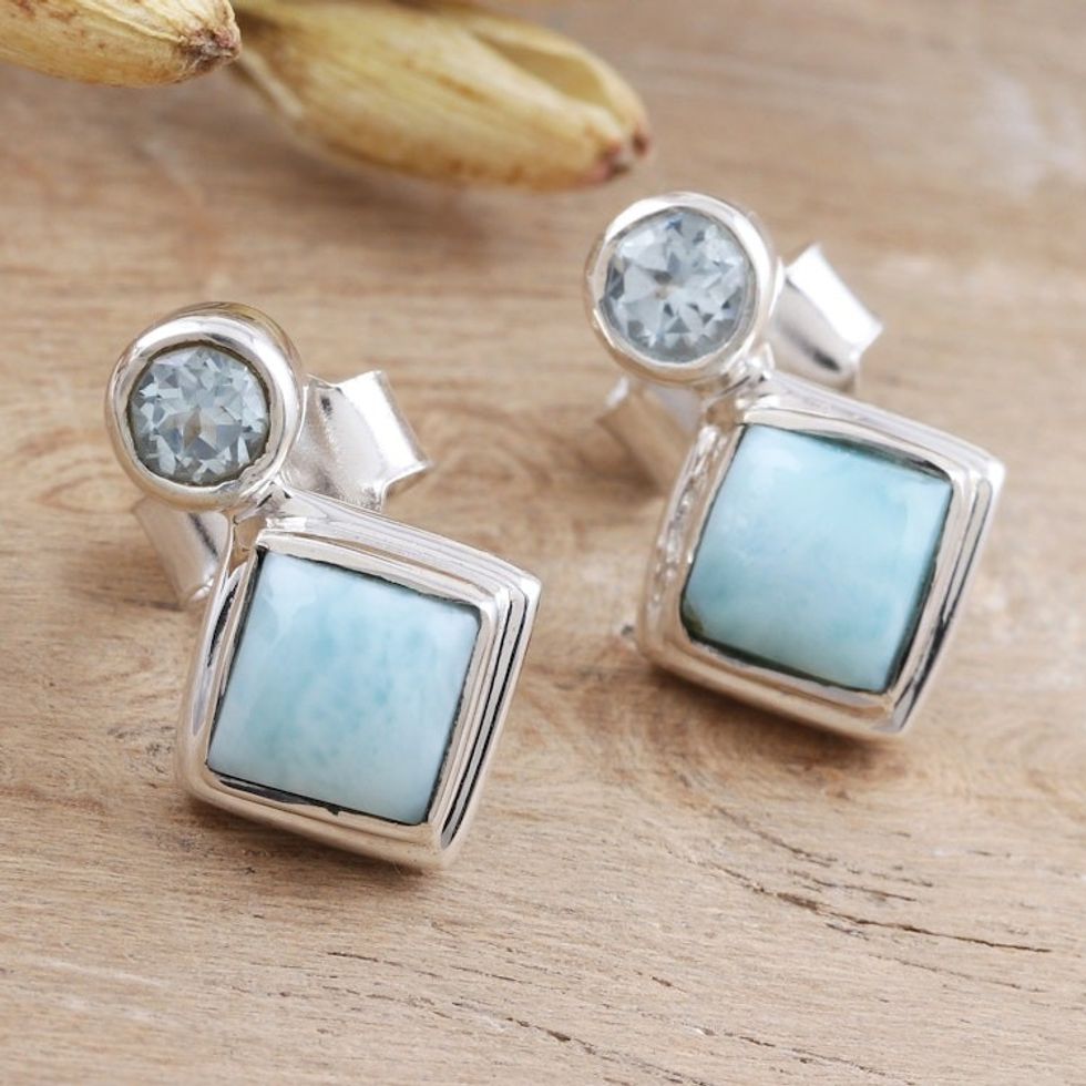 Larimar and Blue Topaz Sterling Silver Drop Earrings 'Harmony in Blue'