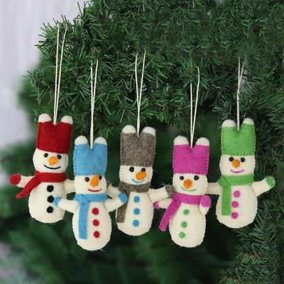Alternate image for Set of 5 Snowman Bunny Wool Felt Ornaments Snowbunnies