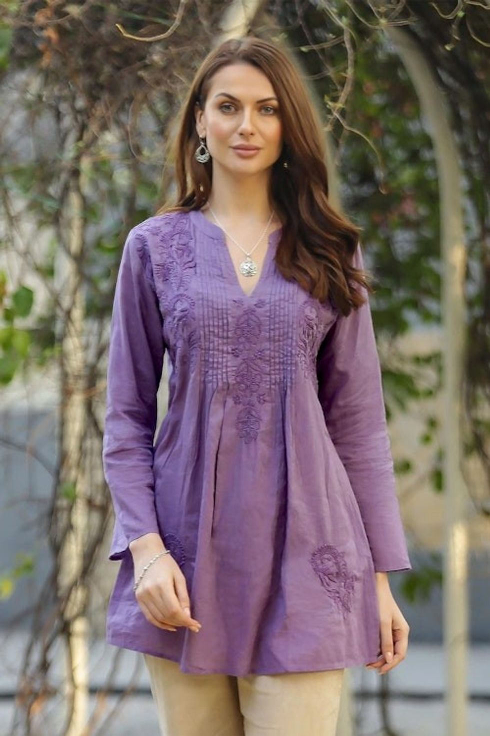 Hand Embroidered Lilac Cotton Tunic from India 'Lilac Garden'