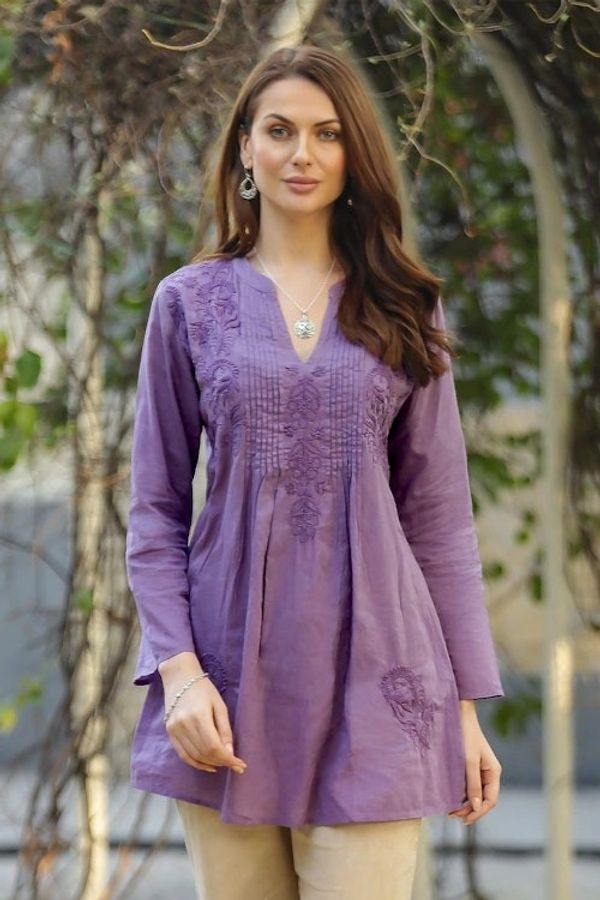 Alternate image for Hand Embroidered Lilac Cotton Tunic from India Lilac Garden