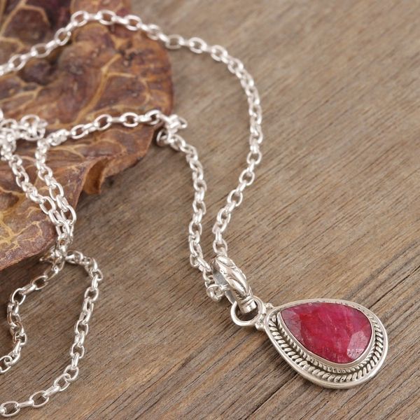 Alternate image for Handmade Ruby and Sterling Silver Pendant Necklace Halo Effect in Pink
