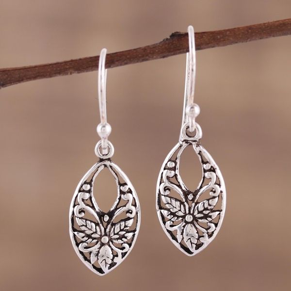 Alternate image for Leaf and Flower Themed Sterling Silver Dangle Earrings Bygone Flowers