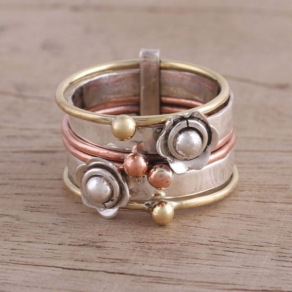 Alternate image for Fair Trade Sterling Silver Copper and Brass Meditation Ring Metallic Flowers