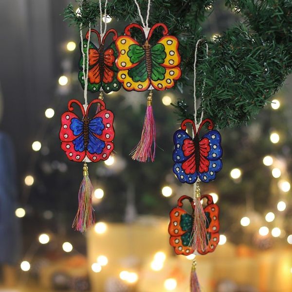 Alternate image for Set of 5 Hand-Painted Butterfly Leather Ornaments Elysium Butterflies