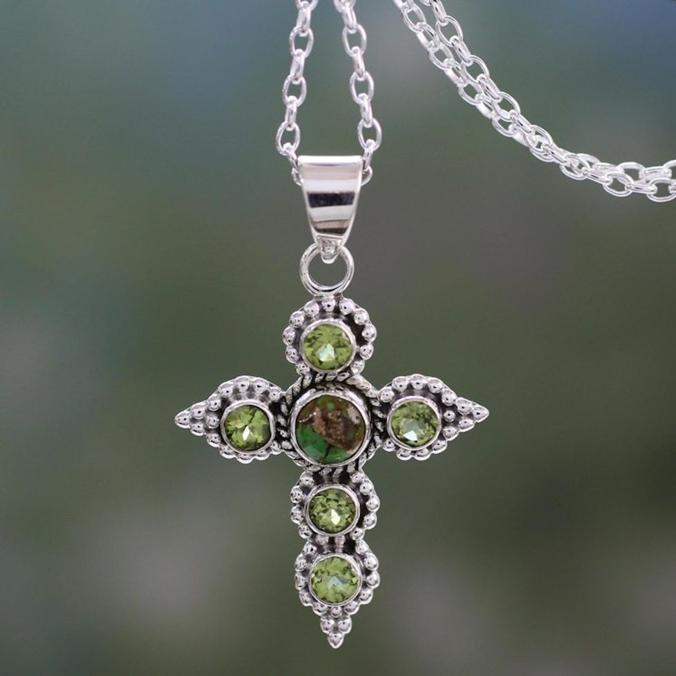 Artisan Crafted Peridot and Sterling Silver Cross Necklace 'Divine Harmony'